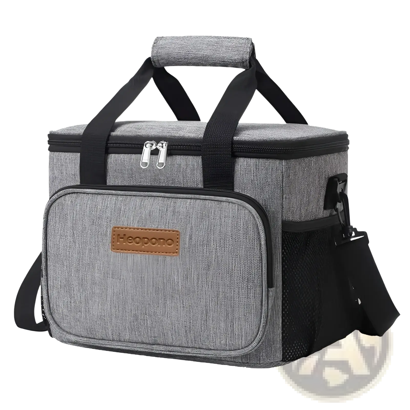 Gray heathered fabric insulated lunch bag large portable crossbody case with black straps and brown leather-like patch