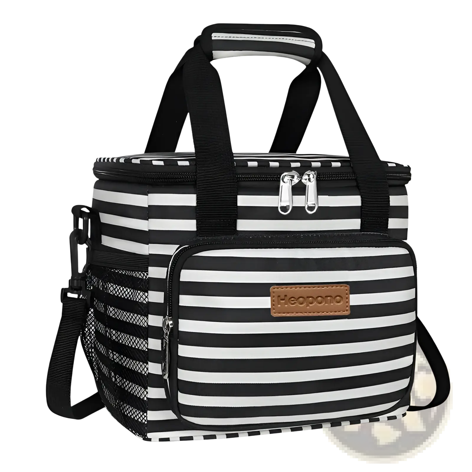 Black and white striped insulated lunch bag with brown leather brand patch large portable crossbody case