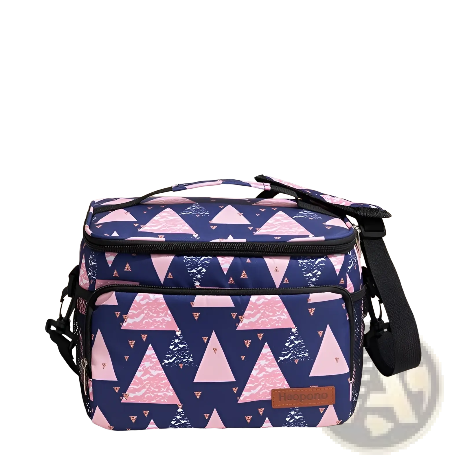 Insulated lunch bag large portable crossbody case in navy blue and pink geometric pattern with black zipper and strap
