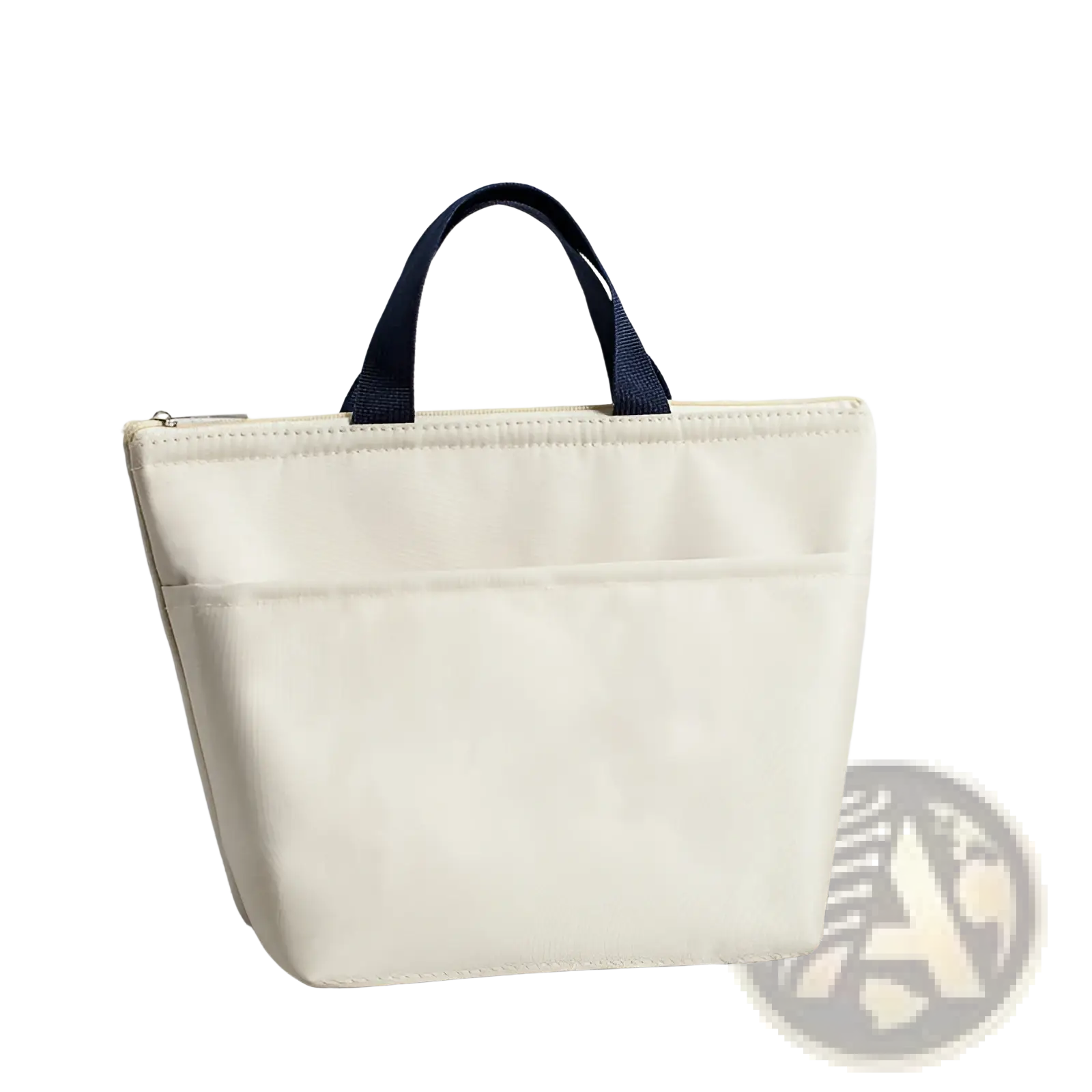 Cream-colored insulated oxford bento lunch bag with navy blue fabric handles and zipper closure