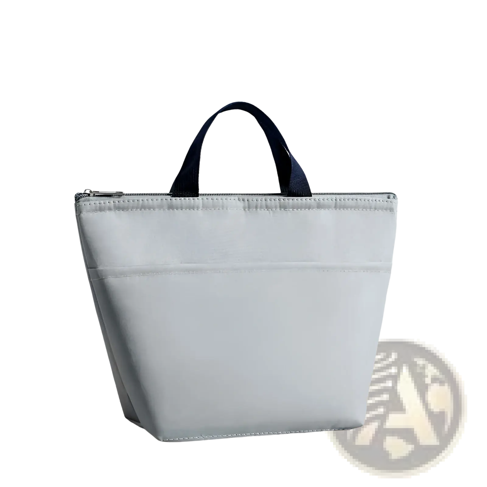 Light gray insulated oxford bento lunch bag with black fabric handles and zipper closure for food storage