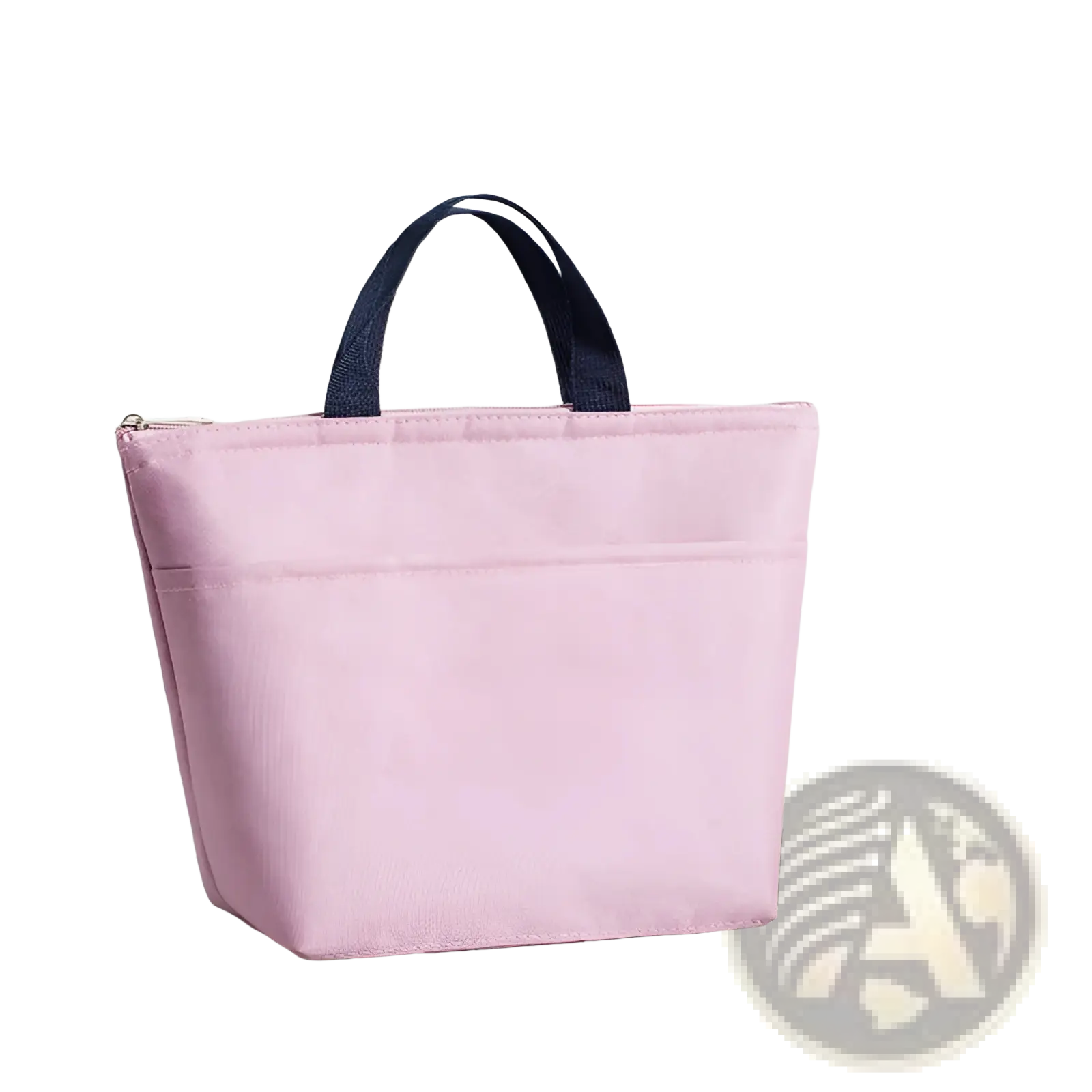 Insulated oxford bento lunch bag in pink with zipper closure and navy blue fabric handles for easy carrying