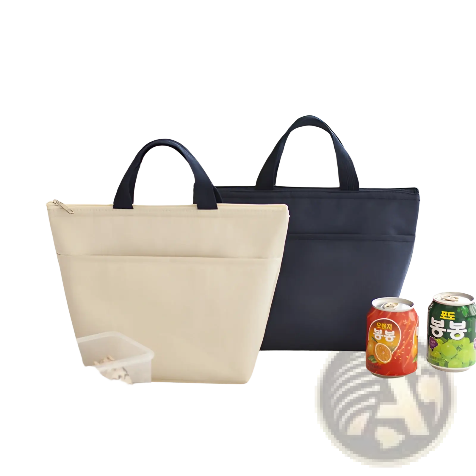 Insulated oxford bento lunch bags in beige and navy blue with zipper closure and sturdy handles