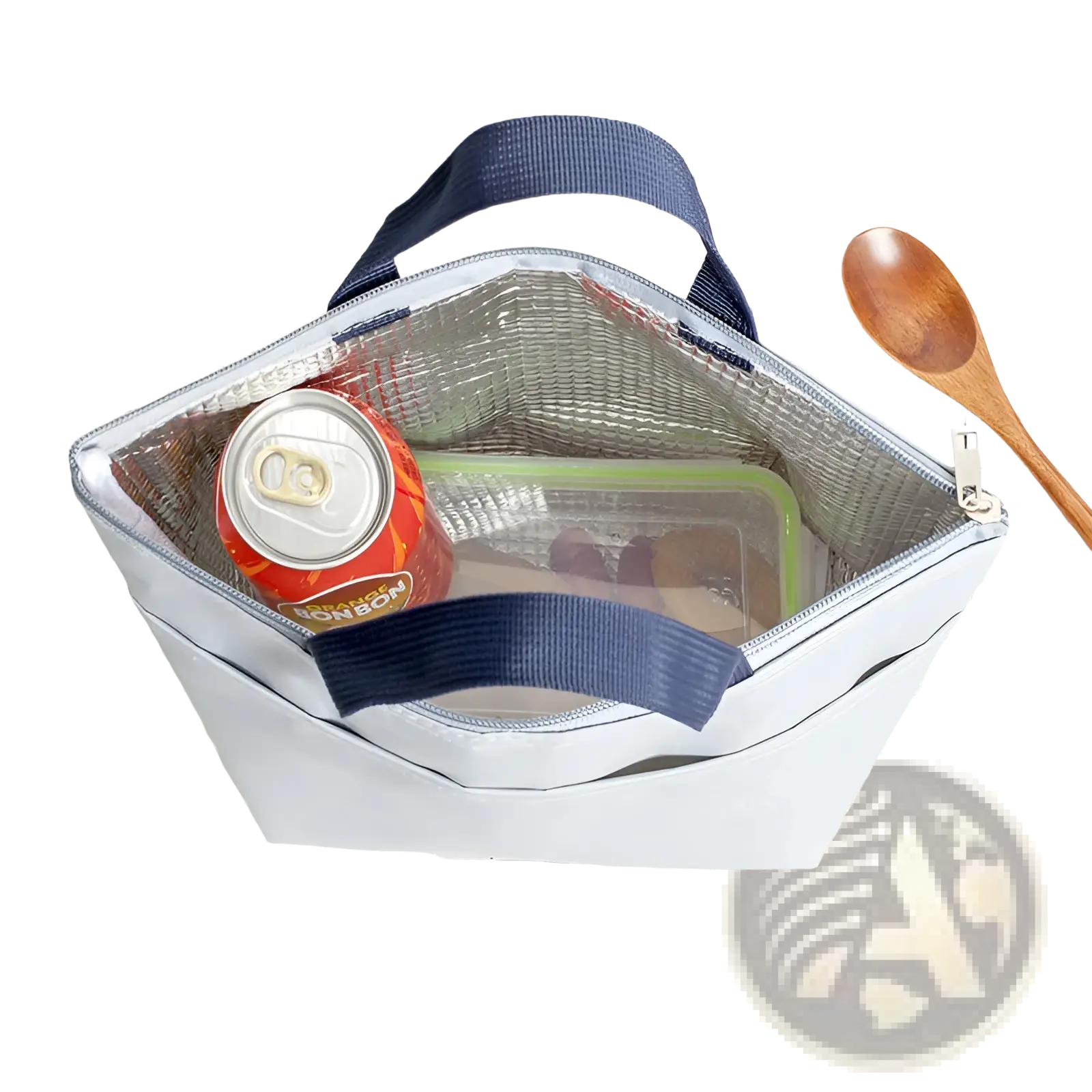 Insulated Oxford bento lunch bag in light gray with navy blue fabric handles and reflective silver insulated lining