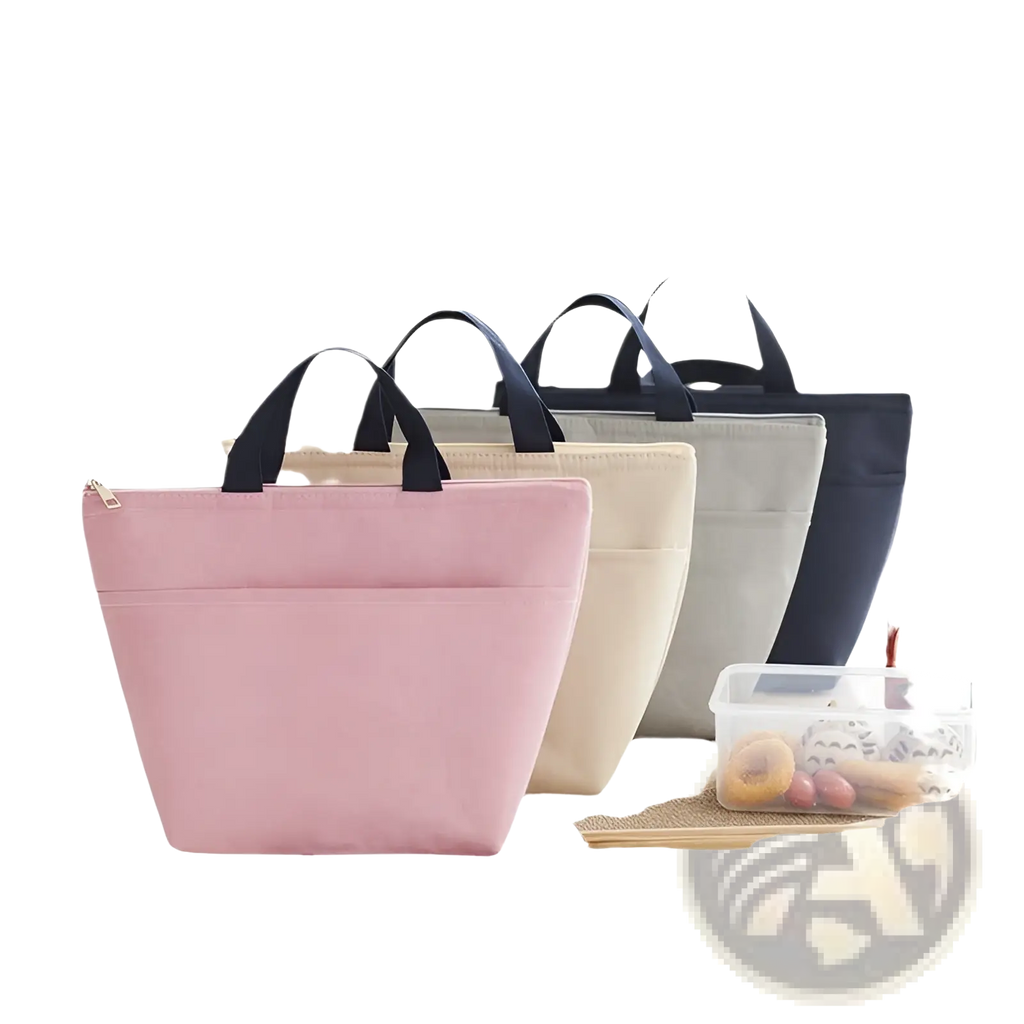 Pink insulated oxford bento lunch bag with black handles and zipper closure for easy portability and food storage