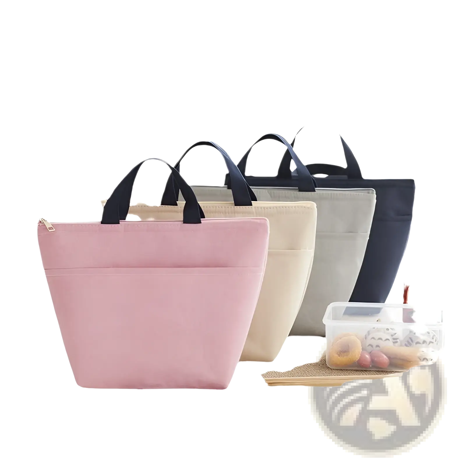 Pink insulated oxford bento lunch bag with black handles and zipper closure for easy portability and food storage