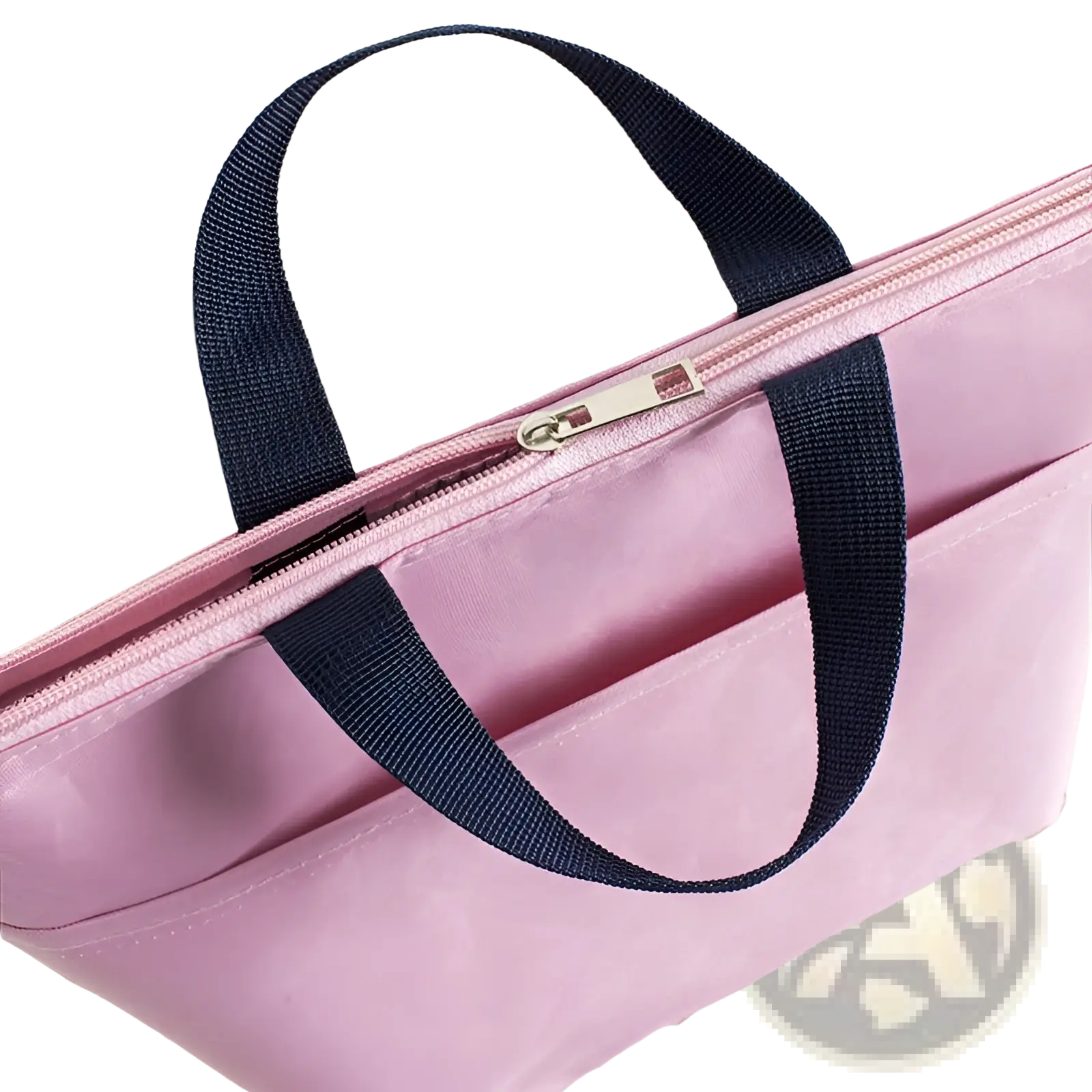 Insulated oxford bento lunch bag in pink with navy blue fabric handles and silver zipper closure