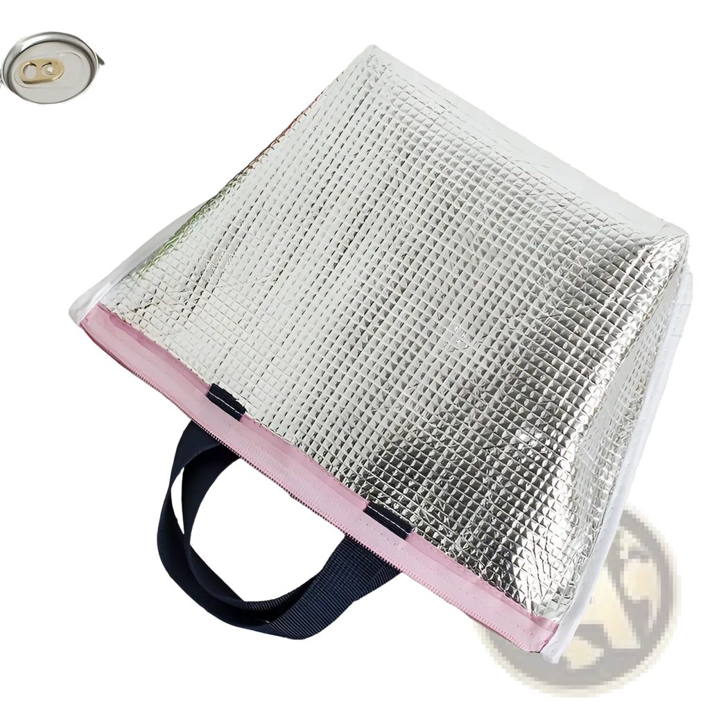 Insulated oxford bento lunch bag in silver with pink trim and navy blue handles featuring zipper closure