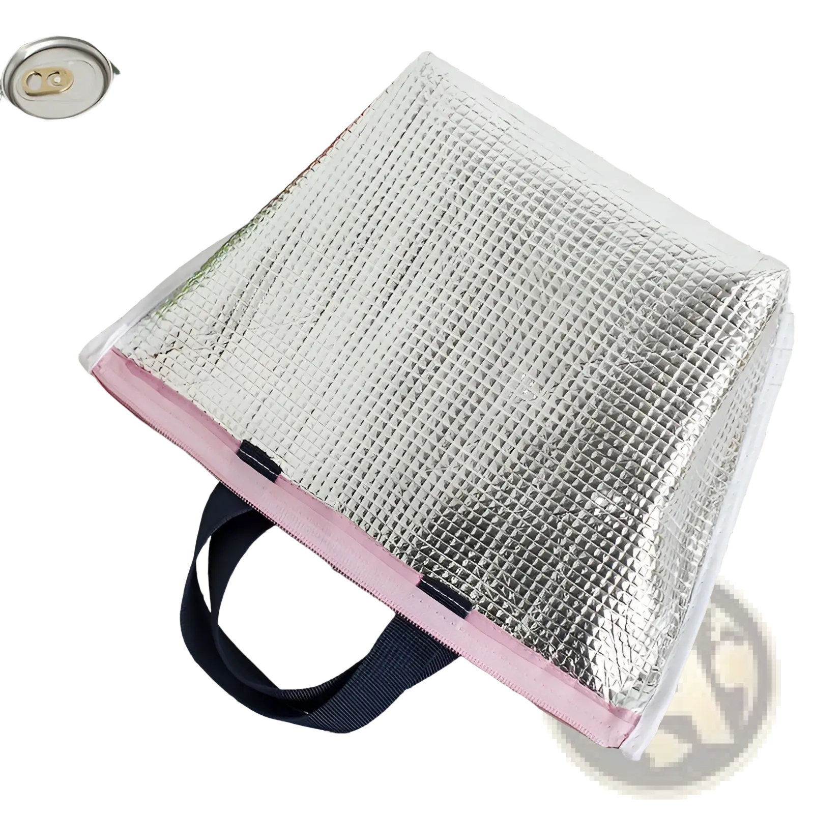 Insulated oxford bento lunch bag in silver with pink trim and navy blue handles featuring zipper closure