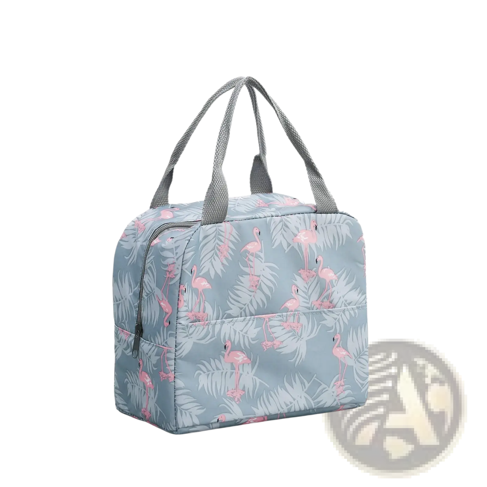 A light blue insulated waterproof lunch bag with pink flamingos white tropical leaves and gray fabric handles
