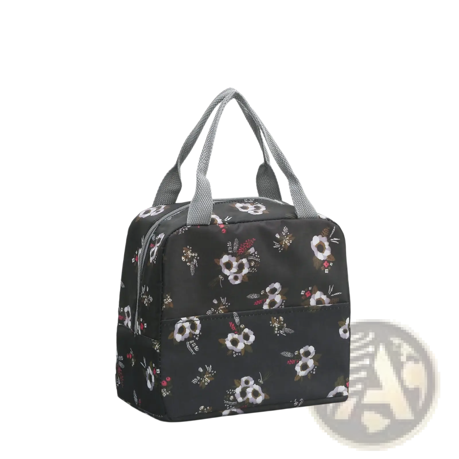 Insulated waterproof lunch bag with black floral pattern and gray fabric handles for portable meal storage