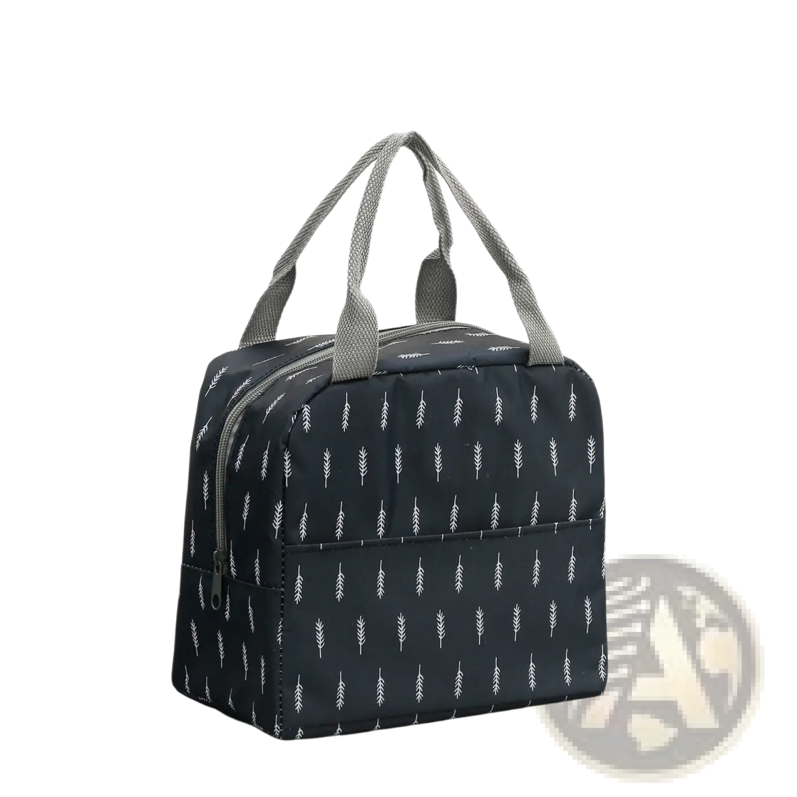 Black insulated waterproof lunch bag with white arrowhead patterns and gray fabric handles for carrying meals