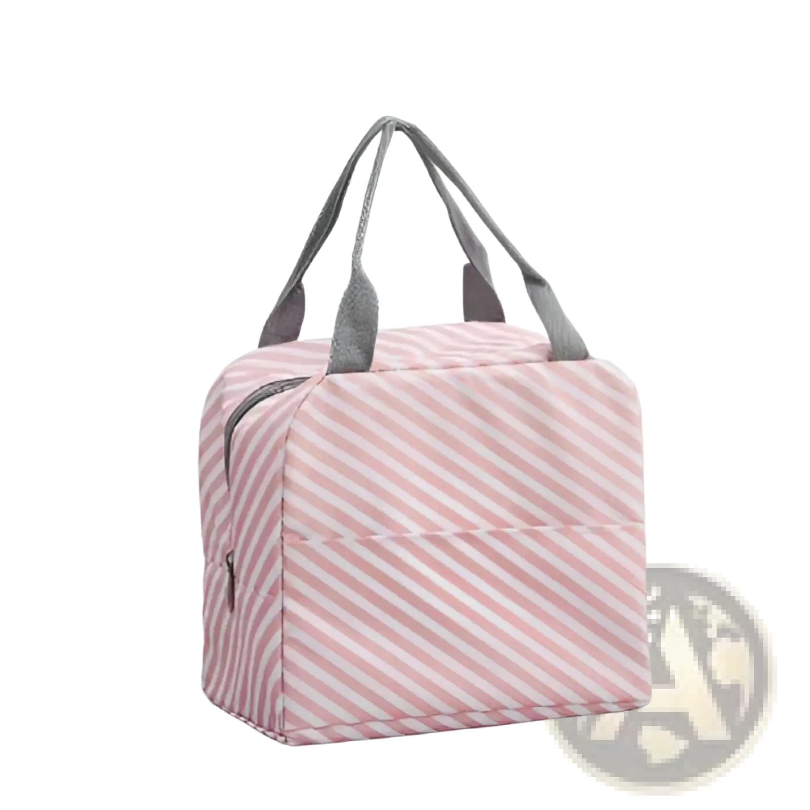 Insulated waterproof lunch bag with pink and white diagonal stripes and gray fabric handles for easy carrying