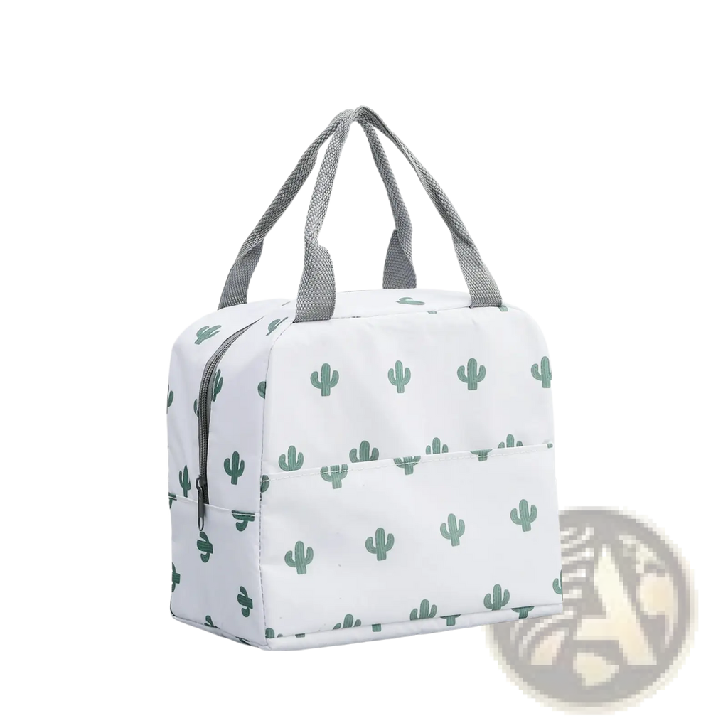 White insulated waterproof lunch bag with striped green cactus pattern and gray fabric handles for easy carrying
