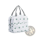 White insulated waterproof lunch bag with striped green cactus pattern and gray fabric handles for easy carrying
