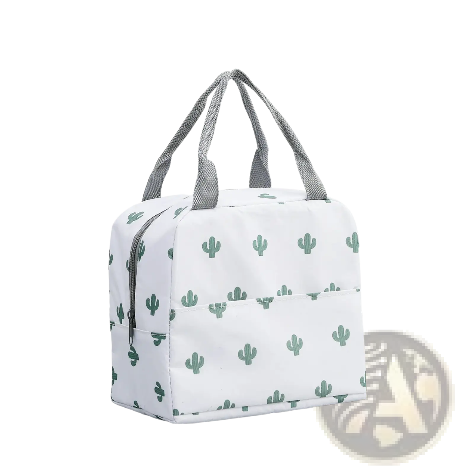 White insulated waterproof lunch bag with striped green cactus pattern and gray fabric handles for easy carrying