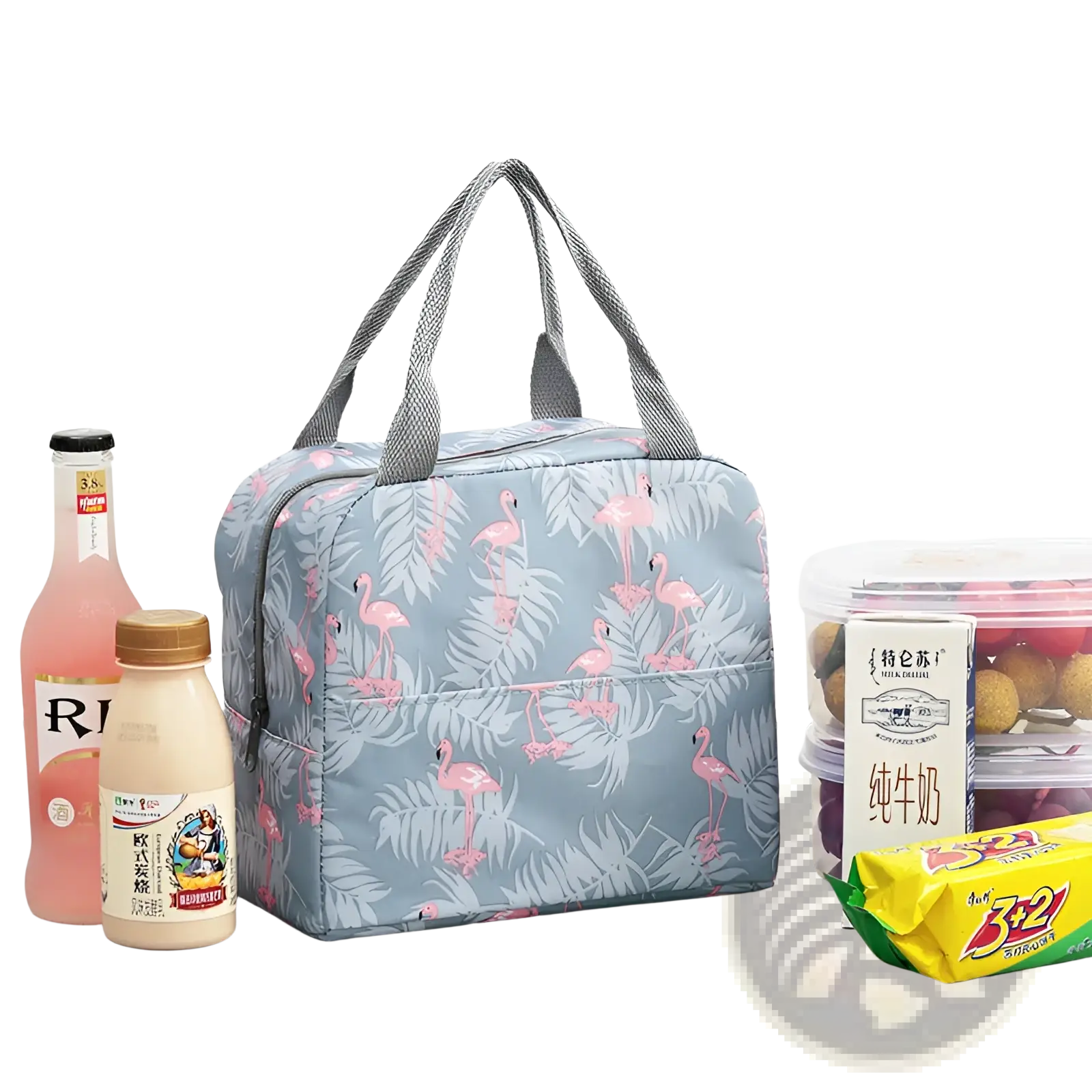 Insulated waterproof lunch bag in light blue with pink flamingo and leaf pattern and gray fabric handles