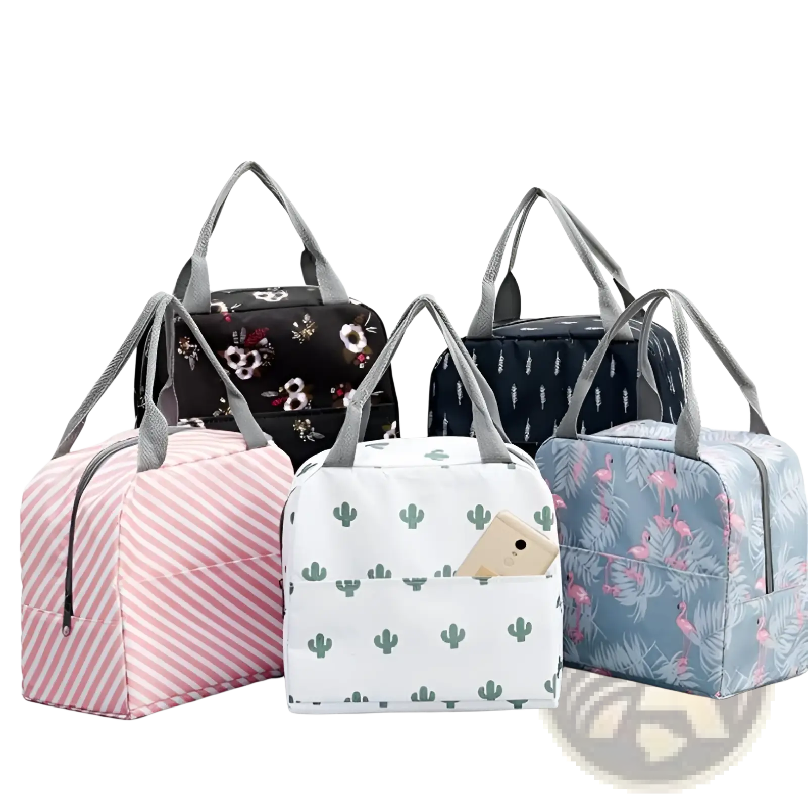 Insulated waterproof lunch bag with white and green cactus pattern gray handles and front pocket holding a smartphone