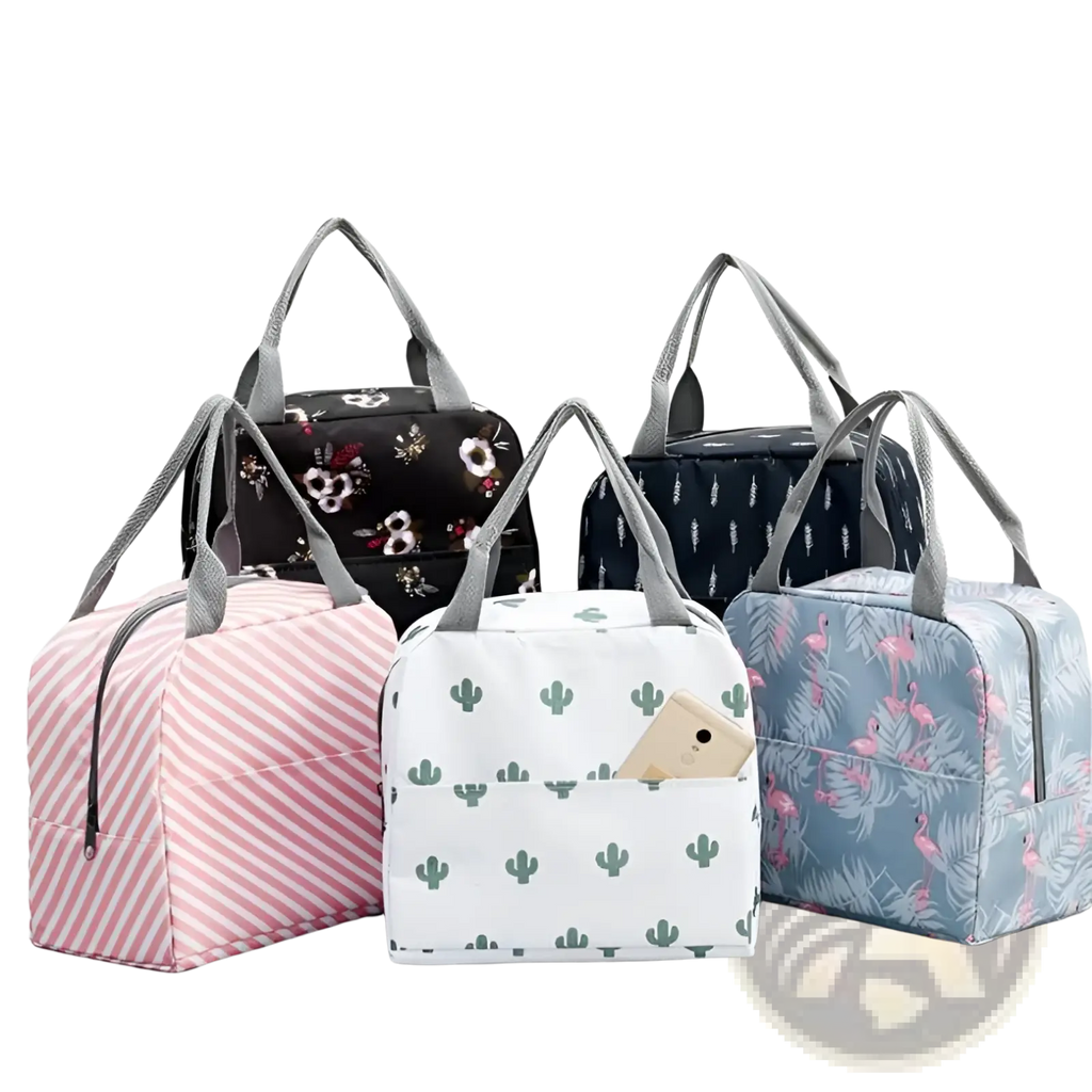 Insulated waterproof lunch bag with white and green cactus pattern gray handles and front pocket holding a smartphone