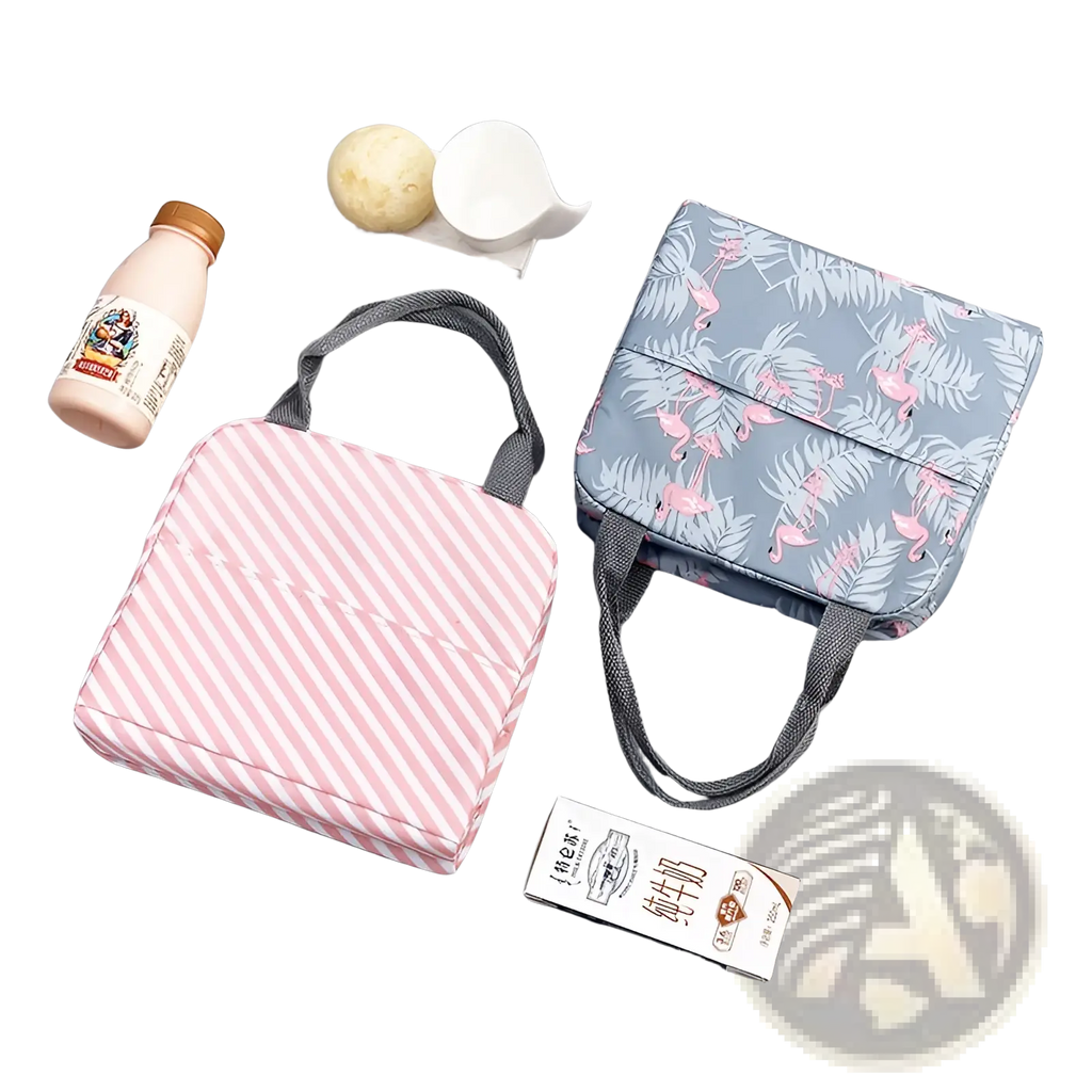 Insulated waterproof lunch bag with pink and white stripes, gray fabric handles, featuring a striped cactus pattern