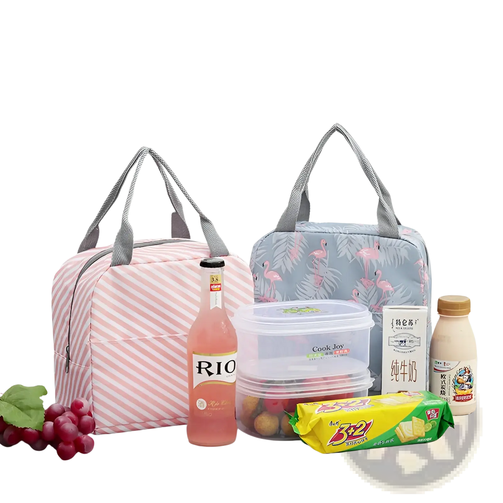 Insulated waterproof lunch bag with pink and white stripes and gray fabric handles for food storage