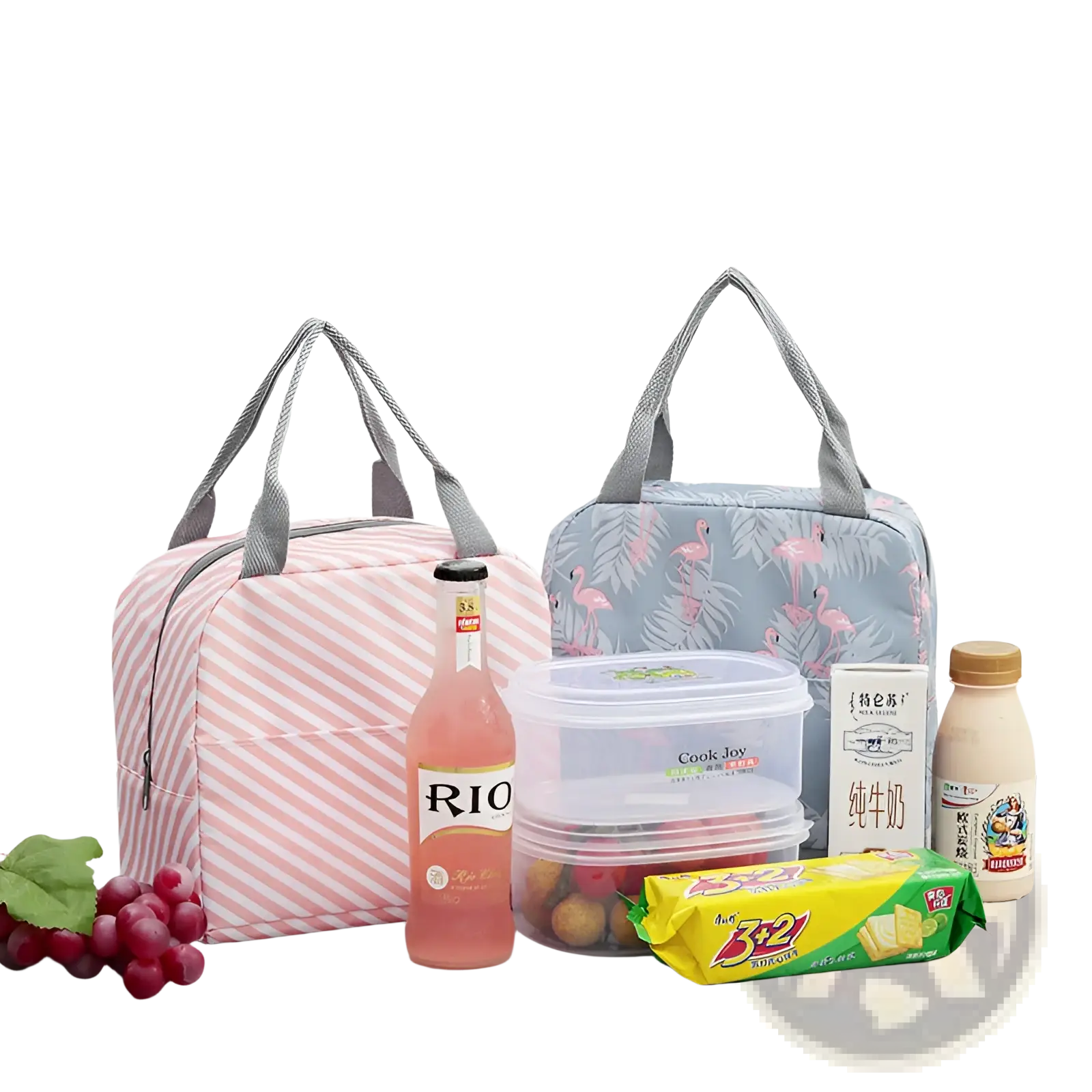 Insulated waterproof lunch bag with pink and white stripes and gray fabric handles for food storage