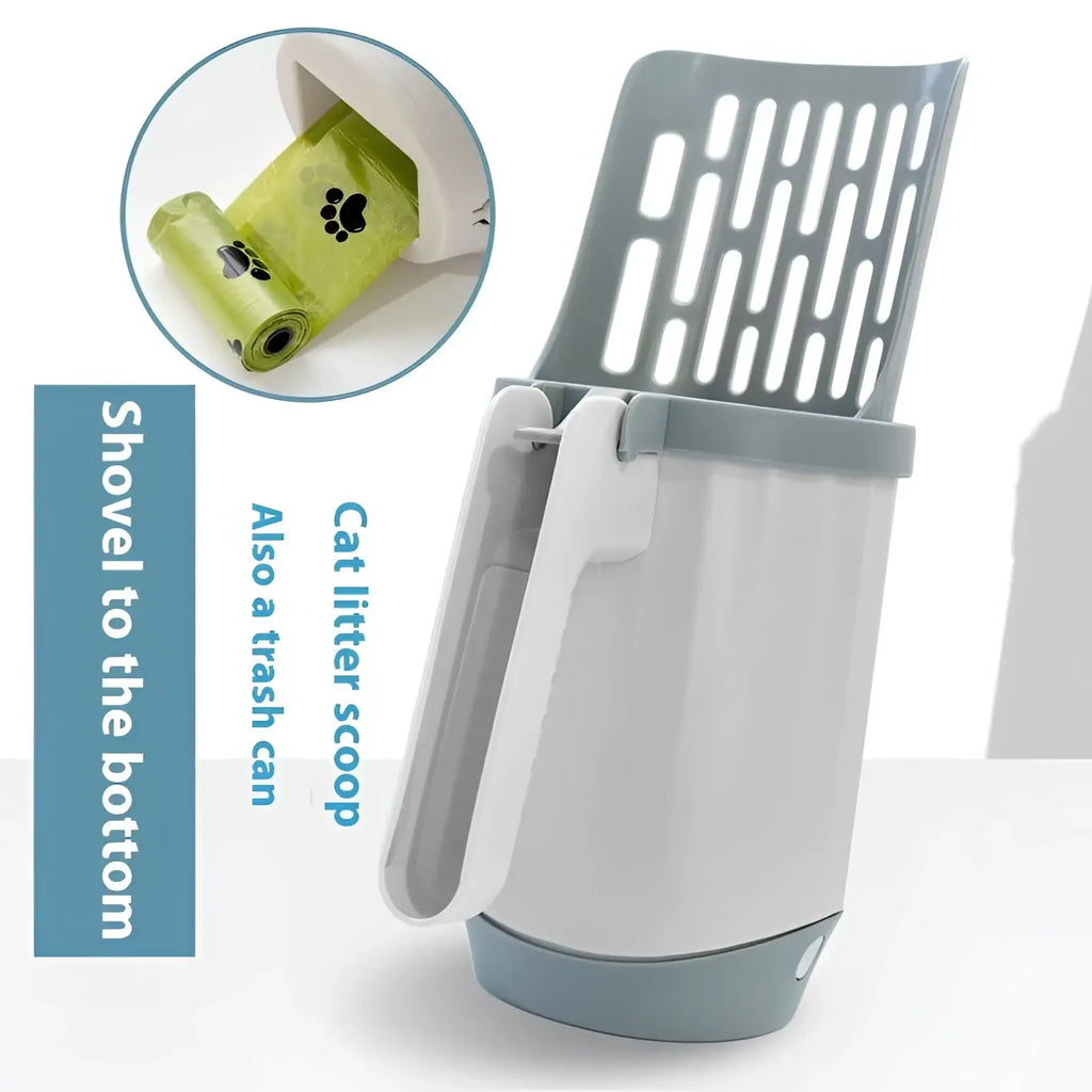 Gray plastic integrated cat litter scoop with slotted handle and attached trash can for easy waste disposal