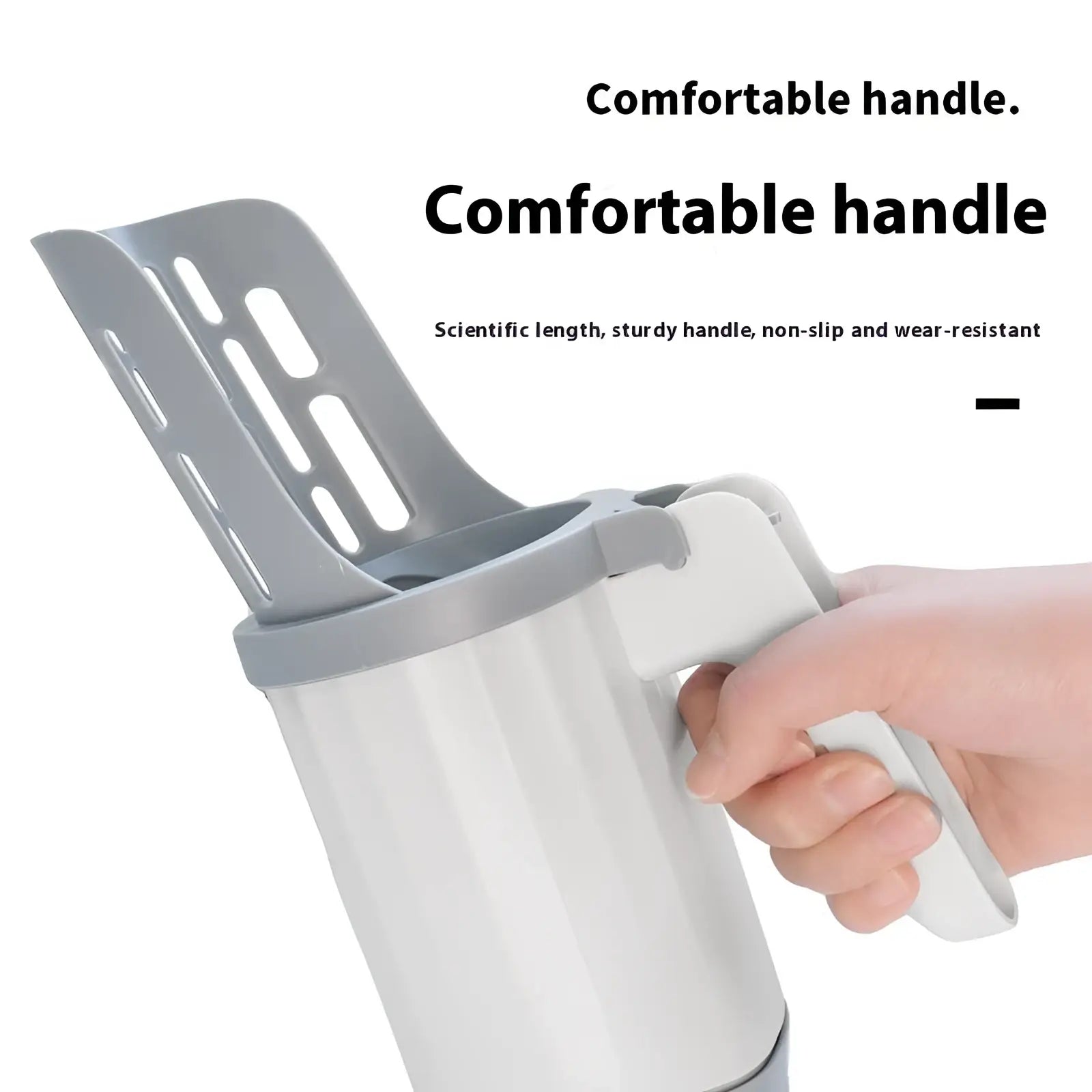 Gray plastic integrated cat litter scoop with white ergonomic handle designed for efficient trash removal