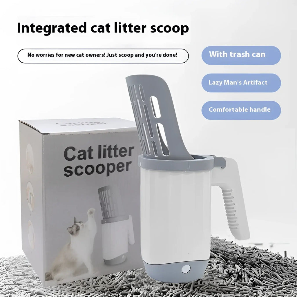 White and gray integrated cat litter scoop with comfortable handle and built-in trash can for easy cleaning