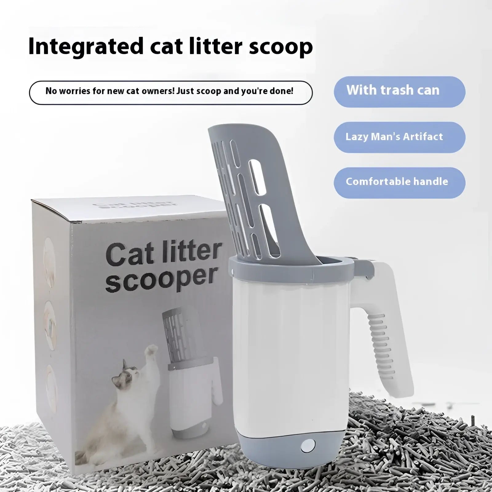 White and gray integrated cat litter scoop with comfortable handle and built-in trash can for easy cleaning