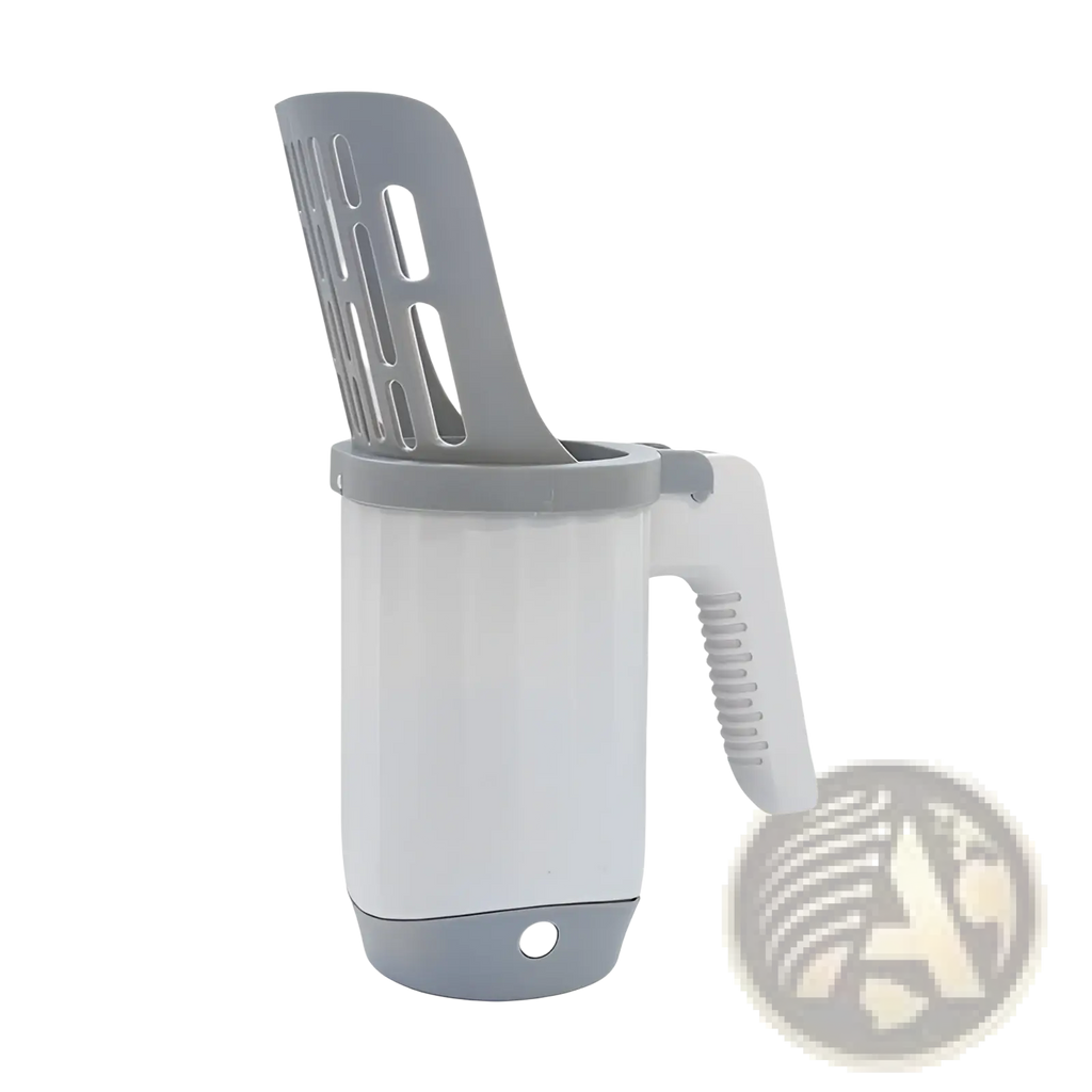 Integrated cat litter scoop with trash in gray and white plastic featuring a slotted head for easy waste removal