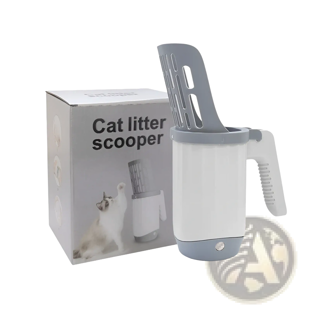 Gray and white plastic integrated cat litter scoop with slotted handle for easy waste removal and trash disposal