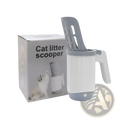 Gray and white plastic integrated cat litter scoop with slotted handle for easy waste removal and trash disposal