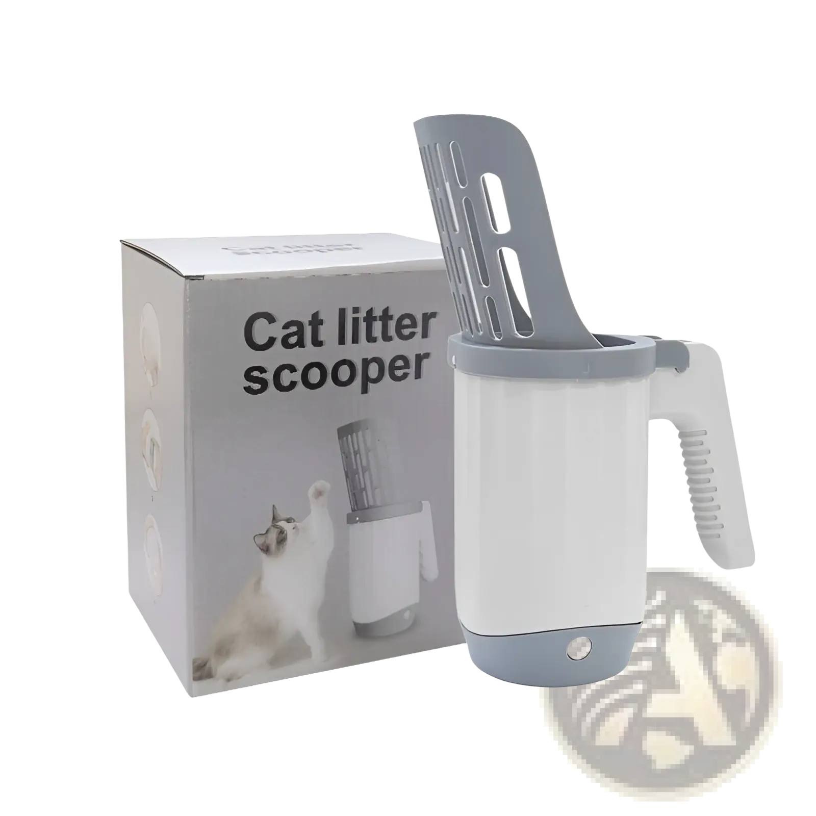 Gray and white plastic integrated cat litter scoop with slotted handle for easy waste removal and trash disposal