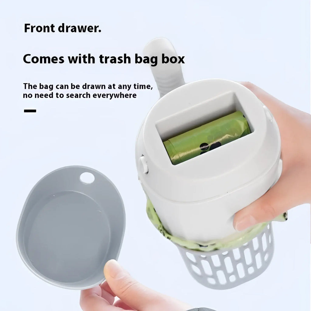 White plastic integrated cat litter scoop with gray lid and green trash bag roll for pet waste disposal station