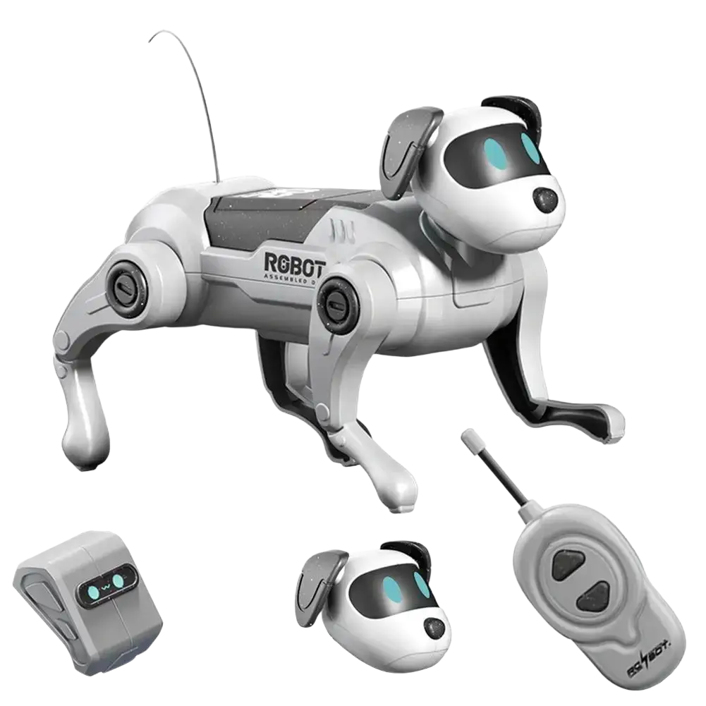 Silver and black intelligent music robot dog with glowing blue eyes and sleek plastic body for interactive walking play