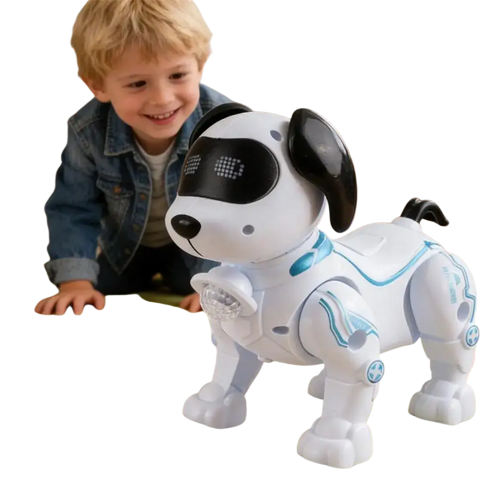 Intelligent music robot dog toy in white and black with blue accents, led eyes, and a chest light for interactive play