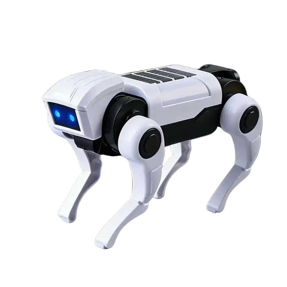 White and black intelligent music robot dog with glowing blue eyes interactive walking toy robotic dog design