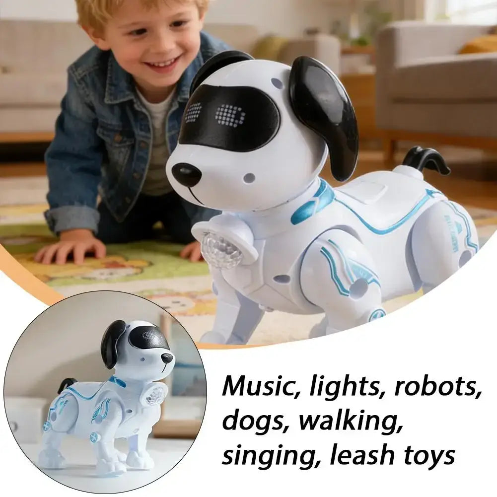 White and black robotic dog toy with blue led lights and digital eye display from intelligent music robot interactive walking toy