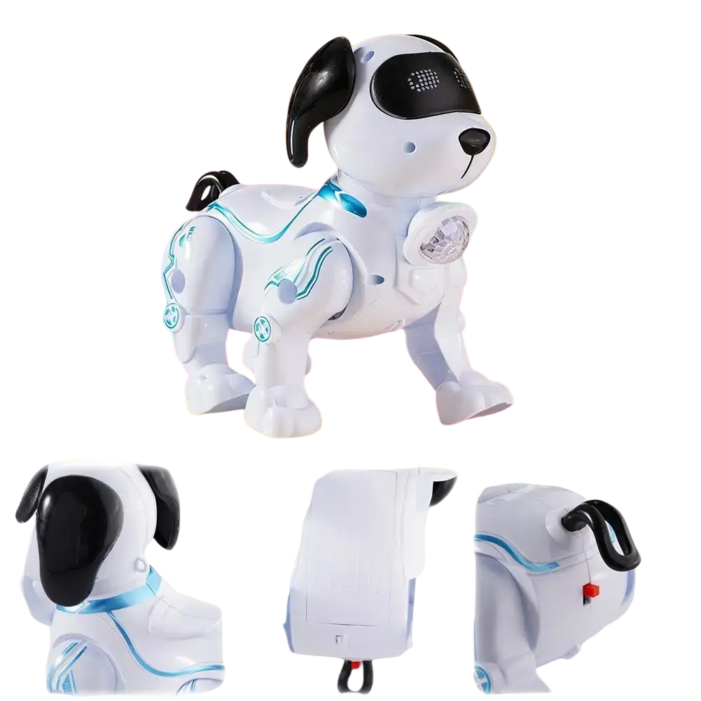 Intelligent music robot dog toy in white and black with blue glowing accents and digital eye panel with led lights