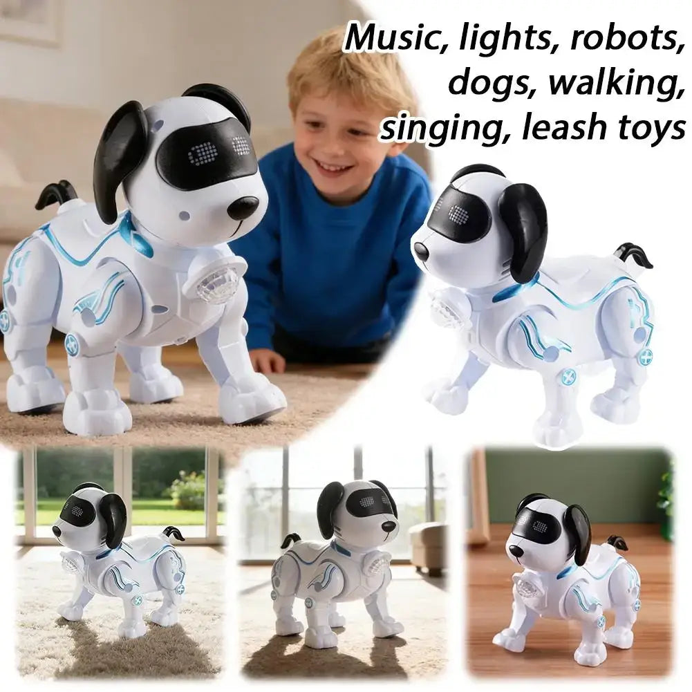 White and black robotic dog toy with blue glowing accents featured as an intelligent music robot dog interactive walking toy