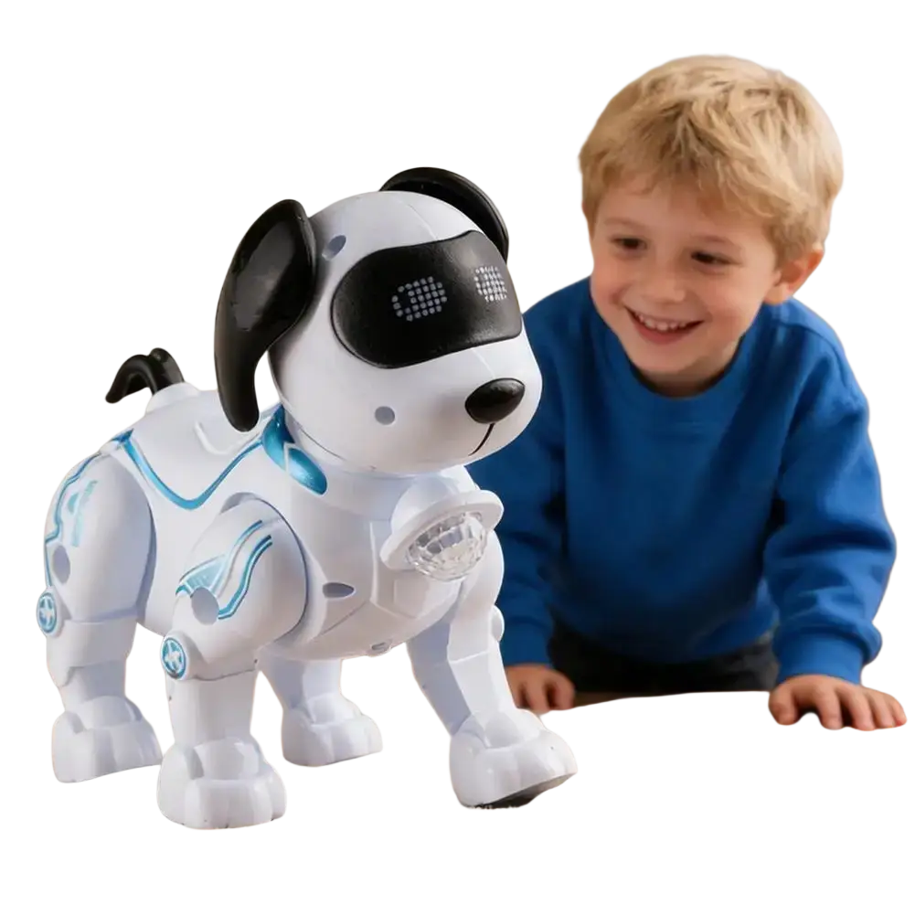 White and black robotic dog toy with blue glowing accents for interactive walking intelligent music robot use