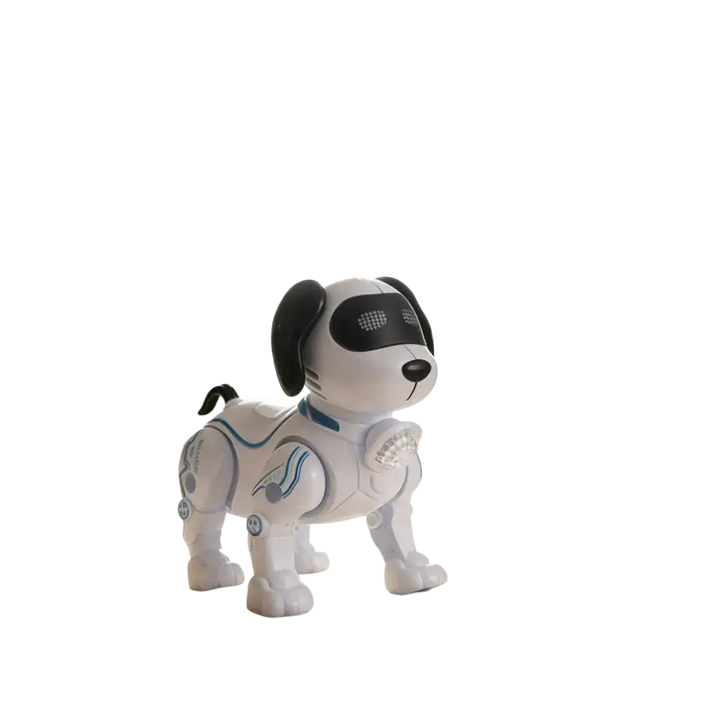 White and black robotic dog toy with blue accents and digital eye design for interactive intelligent music robot walking toy