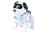 Intelligent music robot dog stunt toy in white and black with glowing blue lights and dynamic music features