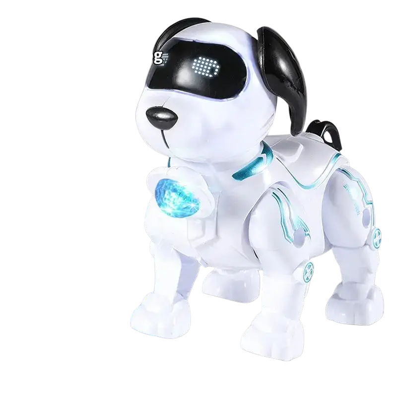 Intelligent music robot dog stunt toy in white and black with glowing blue lights and dynamic music features