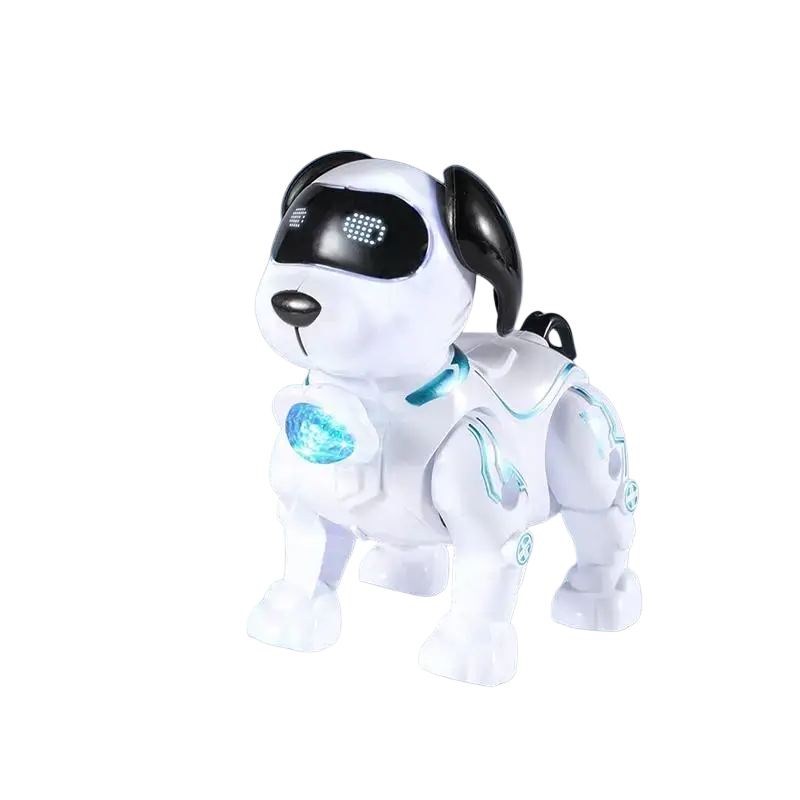 Intelligent music robot dog stunt toy featuring a white and black robotic dog with glowing blue lights on chest and joints