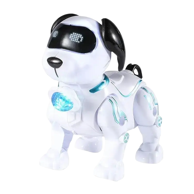 White and black robotic dog toy with glowing blue led eyes chest light and teal accents from intelligent music robot stunt toy