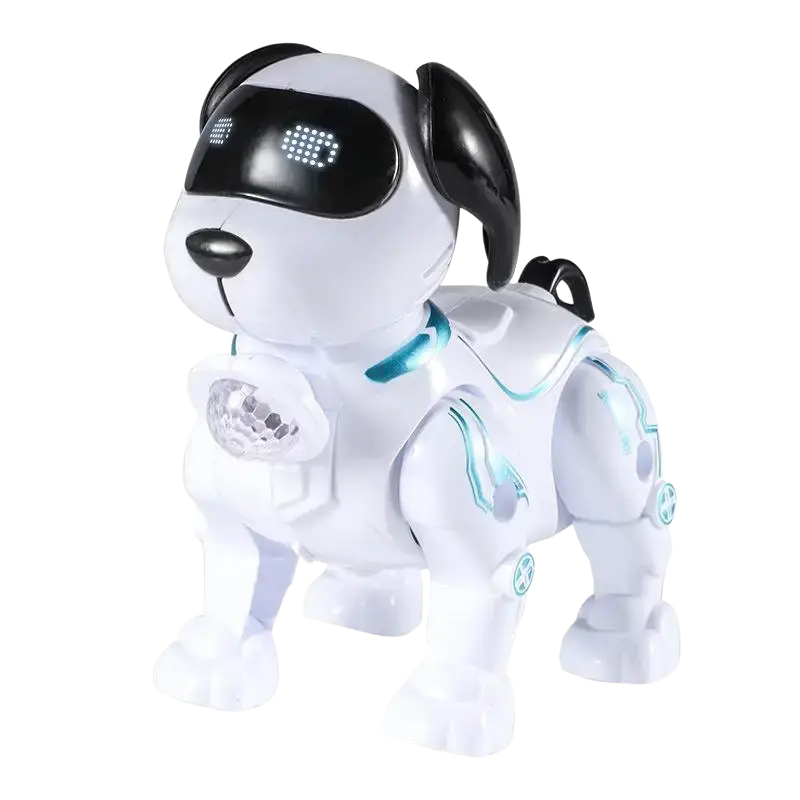White and black intelligent music robot dog with glowing blue led accents and a disco ball on front paw