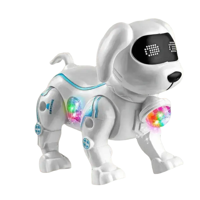 Intelligent music robot dog stunt toy with a white plastic body, blue trim, and glowing LED lights on paws and chest