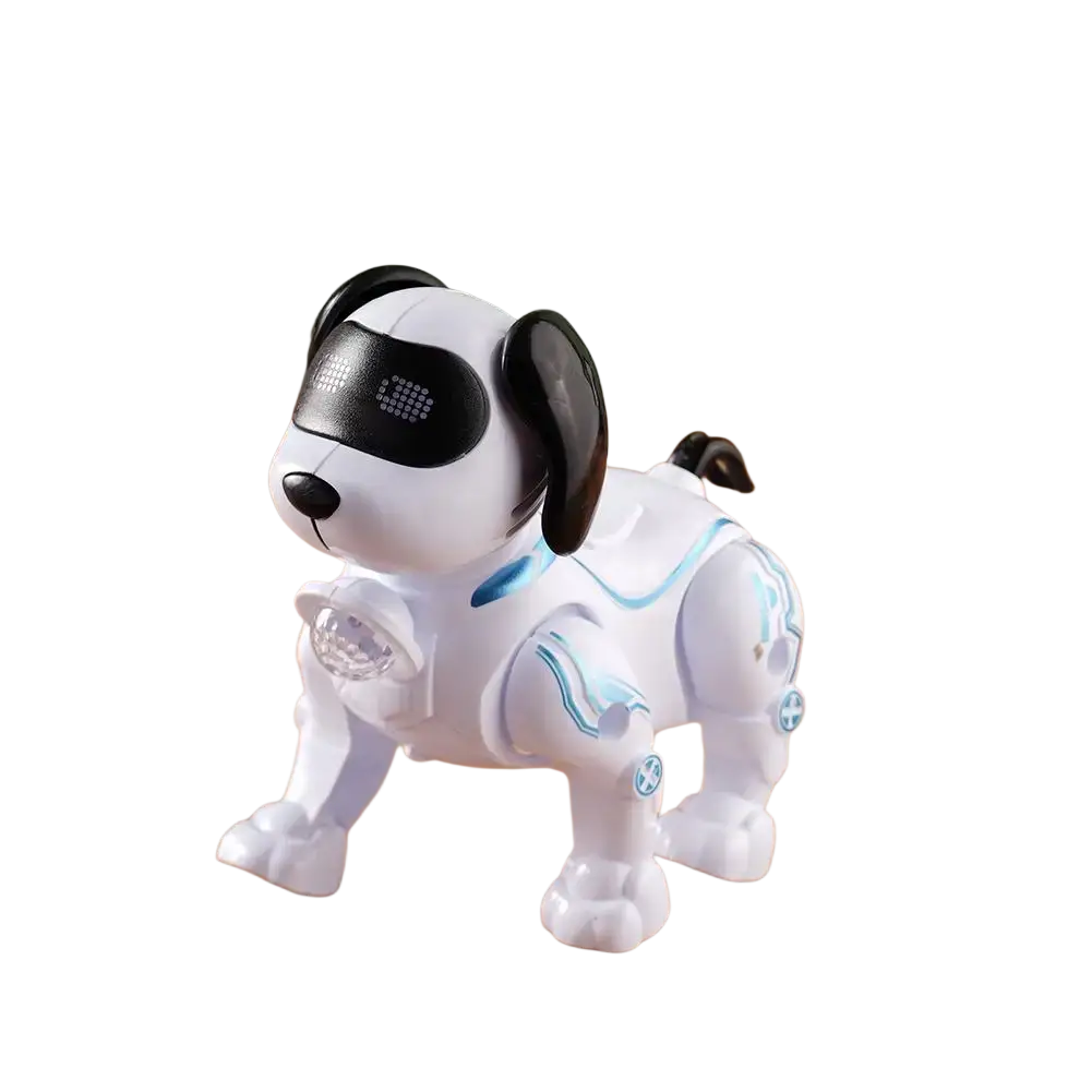 White and black intelligent music robot dog toy with blue glowing accents for interactive walking play
